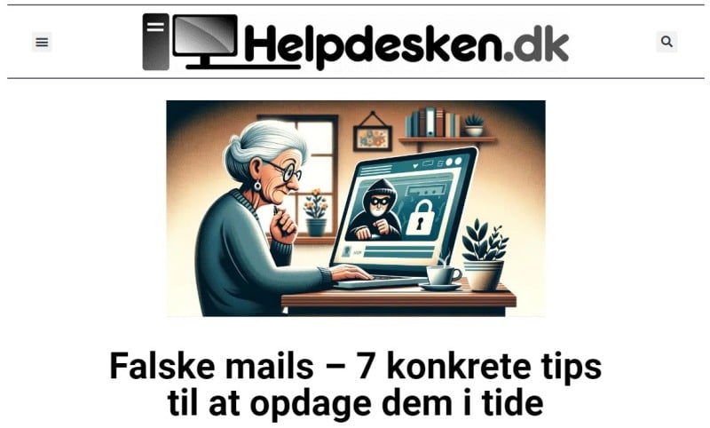 Skærmbillede af den artikel der beskrives i teksten - Falske mail på Helpdesken.dk